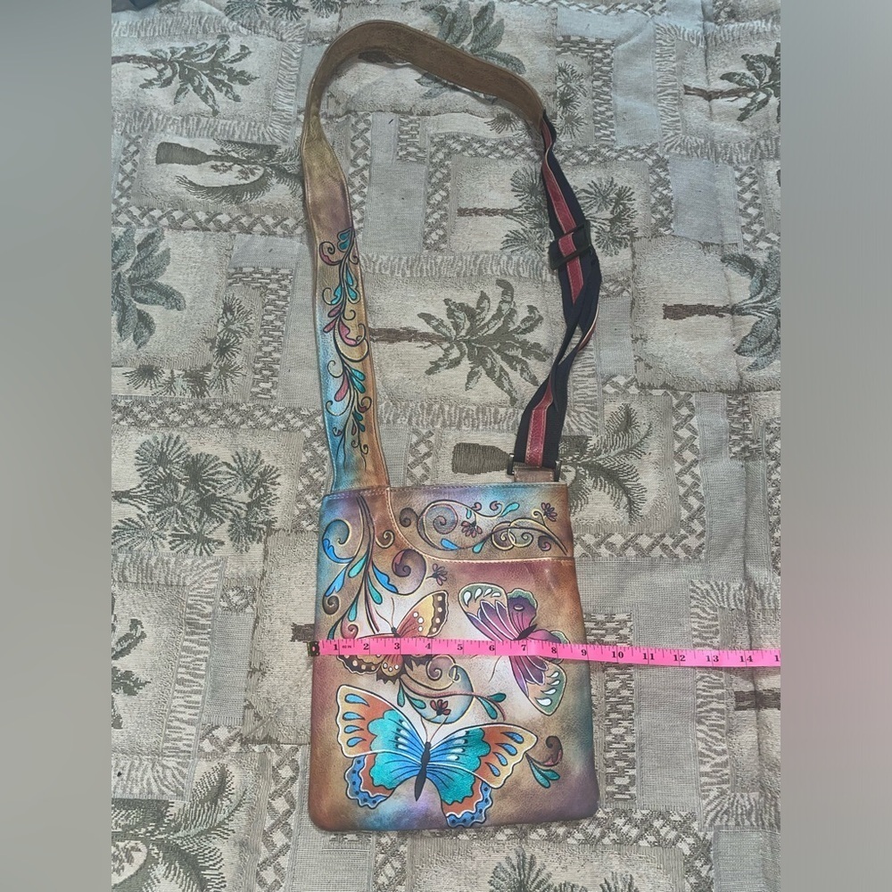 Butterfly bag hand painted Anuschka purse bohemian travel messenger bag - Picture 8 of 16